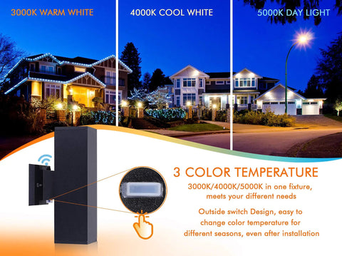 3 Color LED Outdoor Wall Light With Dusk To Dawn Photocell All In One 24W, showing color temperature options in black finish