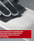 Ultra Fine Pro Grade Hand Sanding Pad 6 X 9 Inch for metal prep, shown in use smoothing a metal surface, outperforming steel wool