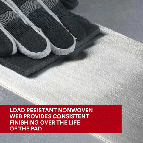Ultra Fine Pro Grade Hand Sanding Pad 6 X 9 Inch for metal prep, shown in use smoothing a metal surface, outperforming steel wool