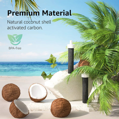 Easy Fit Replacement Water Filter For Brita BB06 beside coconuts on beach, showing high efficiency coconut shell filtration.