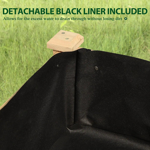 Close-up of detachable black liner on raised garden bed with legs on four wheels and brakes, 48 by 24 by 33 inches