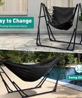 Image showing 2 In 1 Hammock And Swing Chair With Foldable Stand Dope Portable Camping Gear For Outdoors in black setup by pool and patio.