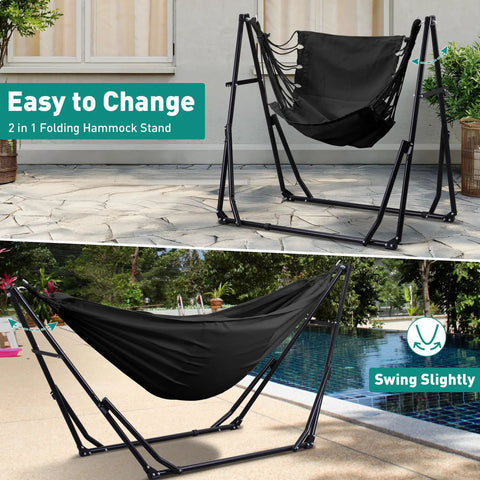 Image showing 2 In 1 Hammock And Swing Chair With Foldable Stand Dope Portable Camping Gear For Outdoors in black setup by pool and patio.