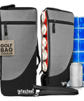 Hidden Golf Bag Cooler With Ice Pack Insulated Six Can Beer Sleeve in black and gray, holding cans, ice pack alongside.