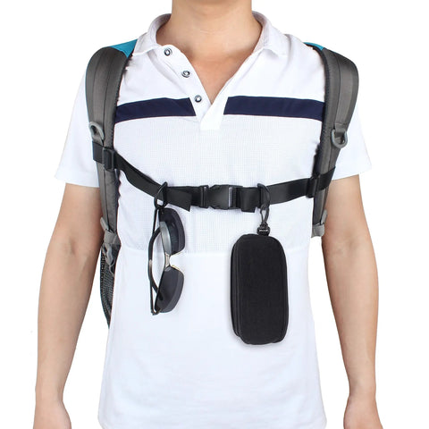 Heavy Duty Backpack Chest Strap With Quick Release Buckle worn by person, showing adjustable fit and D ring attachments, black.
