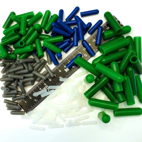 350 Piece Pro Grade High Temp Silicone Plug and Cap Kit for Powder Coating with assorted colors next to ruler