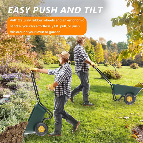 Man using Workhorse Two Wheel Wheelbarrow Cart With 330 Pound Capacity Plastic And Steel Garden Wagon for gardening