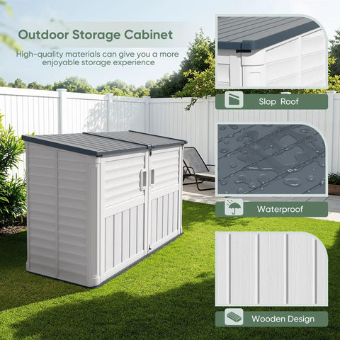 Backyard Resin Storage Shed 34 Cu Ft Waterproof Cabinet With Double Locks Beige Weatherproof Organizer For Trash Cans
