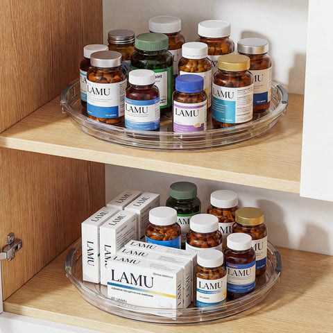 Smooth Operator 12 in Lazy Susan Turntable 4 Pack Crystal Clear BPA Free Plastic Pantry Cabinet Organizer for Spice Rack 360 Spin holds bottles and boxes on a shelf.