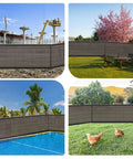 Collage of Privacy Fence Screen For Patio And Backyard 6X50 Ft Heavy Duty Mesh Net Cover with Grommets Brown in various outdoor settings.