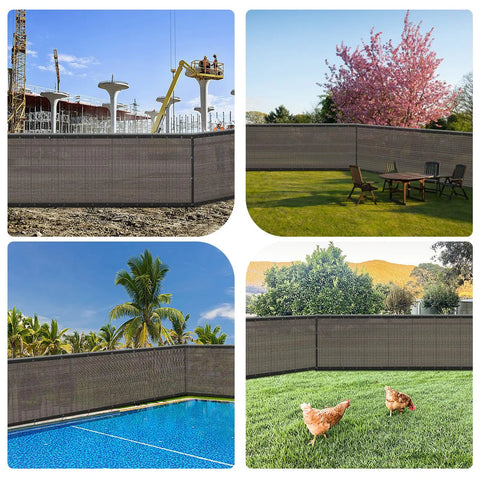 Collage of Privacy Fence Screen For Patio And Backyard 6X50 Ft Heavy Duty Mesh Net Cover with Grommets Brown in various outdoor settings.