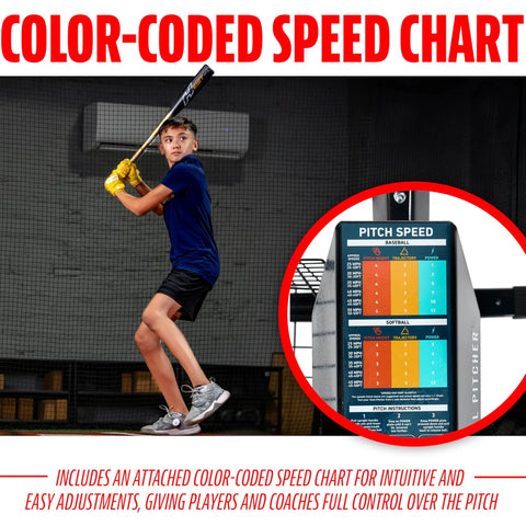Boy using All In One Baseball And Softball Training Aid With Spring Loaded Ball Launcher, color-coded speed chart visible.