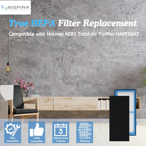 Interior with AER1 Compatible Filter Replacement For Holmes HAPF30AT Air Purifier, showing HEPA and carbon sheets on shelf