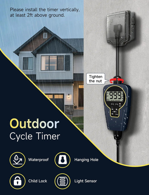 Outdoor Ready Countdown Timer Outlet With Flexible 1 Second To 999 Hour On Off Cycles Light Sensor Waterproof 15A Plug shown in use