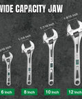 Three Piece Adjustable Wrench Set 6 Inch 8 Inch 10 Inch Chrome Vanadium Steel SAE And Metric Scales, four sizes shown with jaw measurements.