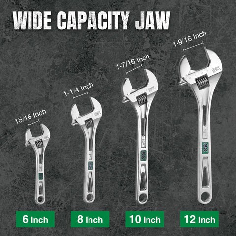 Three Piece Adjustable Wrench Set 6 Inch 8 Inch 10 Inch Chrome Vanadium Steel SAE And Metric Scales, four sizes shown with jaw measurements.