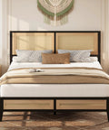 Sturdy Full Size Rattan Bed Frame Featuring Boho Woven Metal Headboard And Heavy Duty Slatted Platform Base For Memory Foam Mattresses Putting It Together Is A Total Breeze, showcasing woven headboard and cozy bedding.