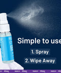 Eyeglass lens cleaning spray bottle, 6 oz, blue label, white spray nozzle.