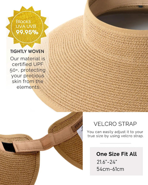 Womens Straw Sun Hat With Ponytail Hole And Wide Brim Beach Visor Khaki Ultimate Sun Protection For Beach Trips