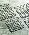 Super Tough Square Wire Grid Food Basket Built For Zero Hassle Transport, four sizes, black metal, ideal for serving burgers and fries.