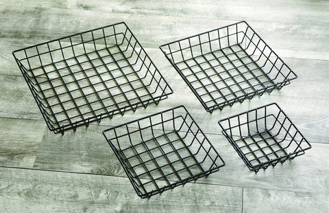 Super Tough Square Wire Grid Food Basket Built For Zero Hassle Transport, four sizes, black metal, ideal for serving burgers and fries.