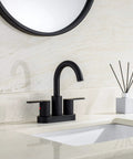 Must Have Matte Black Two Handle Centerset Bathroom Sink Faucet With Pop Up Drain High Arc 4 Inch Vanity Lavatory For 3 Hole Install Brass 360 Degree Swivel Spout Durable Ceramic Cartridge cUPC NSF61 CEC Certified displayed in a modern bathroom setting with a matching black round mirror above the sink.