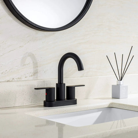 Must Have Matte Black Two Handle Centerset Bathroom Sink Faucet With Pop Up Drain High Arc 4 Inch Vanity Lavatory For 3 Hole Install Brass 360 Degree Swivel Spout Durable Ceramic Cartridge cUPC NSF61 CEC Certified displayed in a modern bathroom setting with a matching black round mirror above the sink.