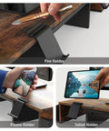 Dual Monitor Desk Riser With Drawer In Rustic Brown, Built In Phone Holder, Customizable Organizer Tray With Dividers, Side Caddies for tablet and phone storage shown