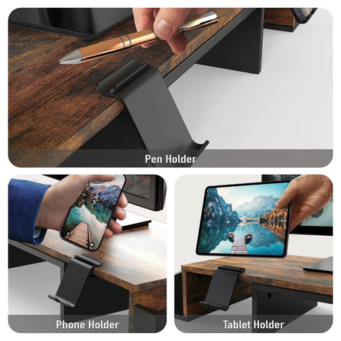 Dual Monitor Desk Riser With Drawer In Rustic Brown, Built In Phone Holder, Customizable Organizer Tray With Dividers, Side Caddies for tablet and phone storage shown