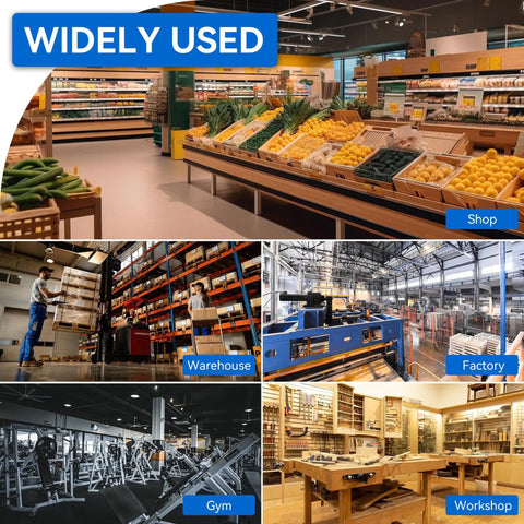 Various environments including shop, warehouse, factory, gym, and workshop highlighting the versatility of 4 Pack 200W LED High Bay Lights With Super Bright 30000 Lumens 5000K ETL Listed UFO Style IP65 Waterproof Shop Lighting With 5 Foot Cable US Plug For Warehouse Workshop Barn Factory Energy Saving.