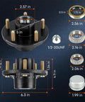 Trailer Idler Hub Kit 5 On 5 Hole 5 Inch Bolt Circle For 3500 Lb Trailer Axles Replacement Hub Drum Assembly For RVs L68149 L44649 Cone Bearings With Seals, dimensions displayed