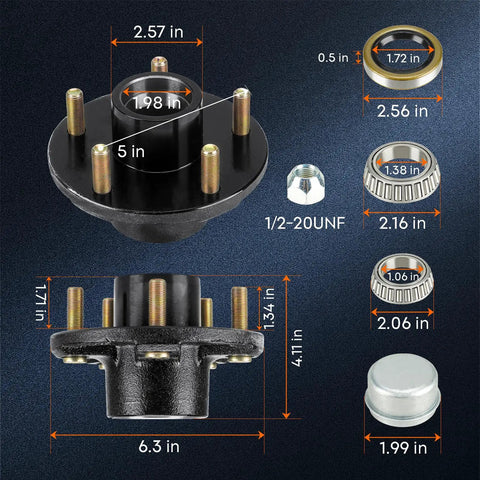 Trailer Idler Hub Kit 5 On 5 Hole 5 Inch Bolt Circle For 3500 Lb Trailer Axles Replacement Hub Drum Assembly For RVs L68149 L44649 Cone Bearings With Seals, dimensions displayed