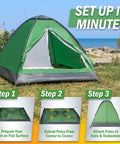 Two Person Camping Tent Shelter With Rain Fly And Carrying Bag Lightweight Dome For Backpacking Hiking And Beach Green set up in grass