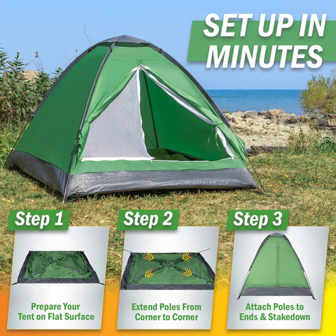 Two Person Camping Tent Shelter With Rain Fly And Carrying Bag Lightweight Dome For Backpacking Hiking And Beach Green set up in grass