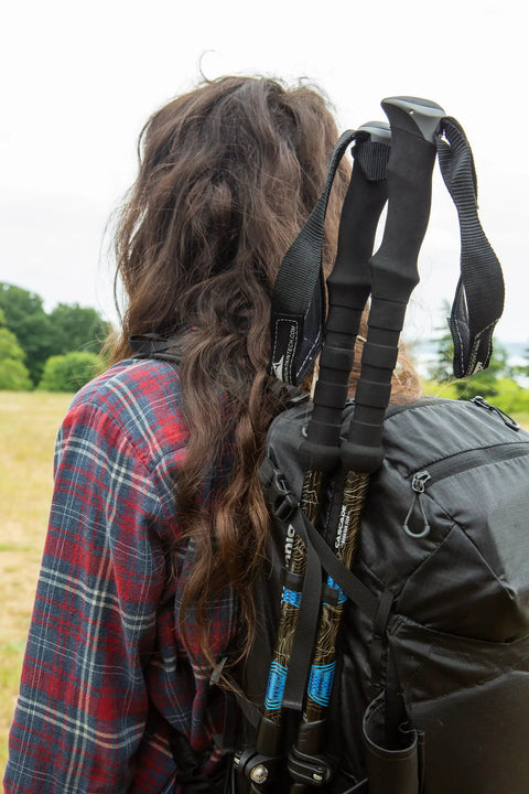 Lightweight Carbon Fiber Trekking Poles Set Of 2 With Quick Adjustable Locks attached to backpack, blue accents visible
