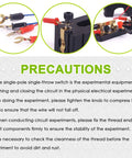 Hands On Physics Electronics Experiment Kit With SPST Switches and precautions text on handling and setup.