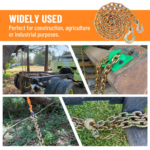 3/8 Inch Binder Chain With Clevis Grab Hooks 8 Ft Trailer Safety Chain Grade 70 Standard Duty Tow Chain 6,600 Pound Working Load Limit in use for various applications.