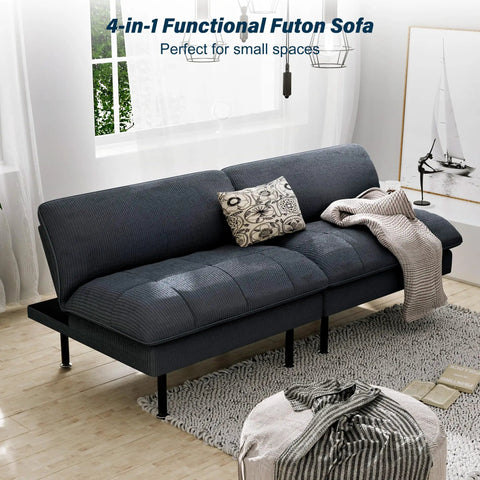 70 Inch Futon Sofa Bed With Adjustable Backrest 4 In 1 Convertible Couch Sleeper in modern grey setup in a living room