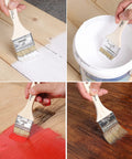 9 Pack 2 Inch Chip Paint Brushes With Thick Natural Bristles For Wood Walls And Trim No Mess Finish Great For Latex And Oil Based Paints And Stains Superior Coverage Fewer Streaks Premium Finish For Any Project, shown in use on various surfaces with white and red paint.