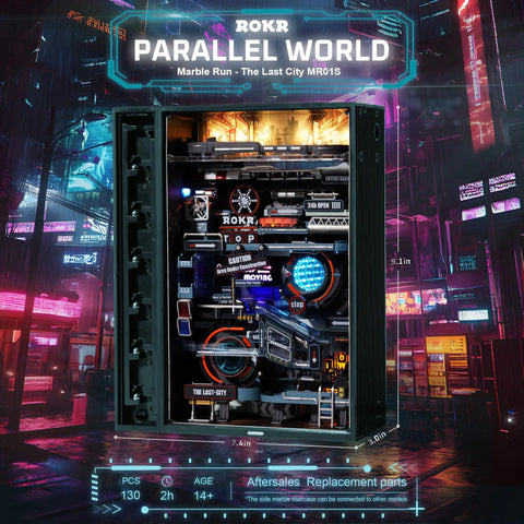 Epic 3D Puzzle Marble Run Model Kit For Adults Do It Yourself Hobbies For Men And Women Cyberpunk Cityscape With 187cm Track Gravity Lift And Marble Transit Labyrinth Adventure, boxed view