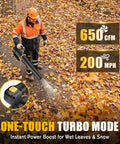 Worker using 650 CFM Heavy Duty Cordless Leaf Blower With 200 MPH Turbo Mode And Stepless Variable Speed in autumn leaves