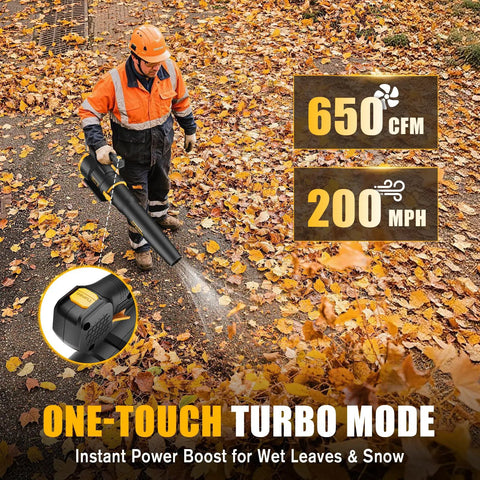 Worker using 650 CFM Heavy Duty Cordless Leaf Blower With 200 MPH Turbo Mode And Stepless Variable Speed in autumn leaves