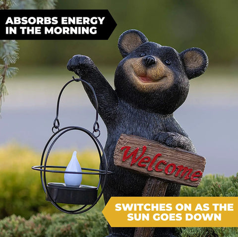 Bear Solar Powered LED Welcome Sign Garden Statue with lantern on grass, holding 'Welcome' sign, polyresin, outdoor decor