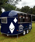 Complete Mobile Food Trailer For Sale Turnkey Snack Cart And Top Shelf Burger Stand Setup Ready To Roll Premium Grilled Food Kiosk, blue coffee stand with unique design.