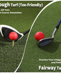Close-up of golf clubs and balls on Premium Dual Turf Golf Mat 5x4ft Thick 1.57in for realistic practice.