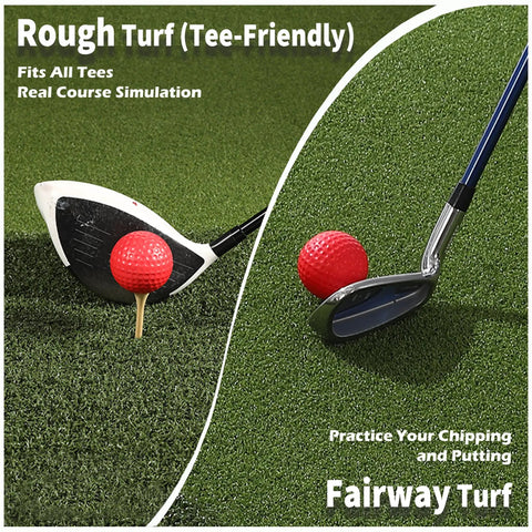 Close-up of golf clubs and balls on Premium Dual Turf Golf Mat 5x4ft Thick 1.57in for realistic practice.
