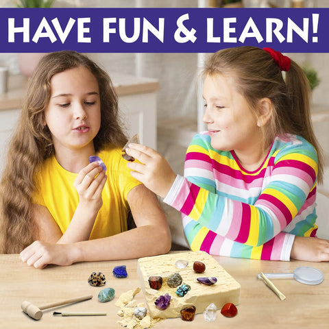 Children using Gem Stone Dig Kit With 16 Real Gems And Crystals Including Quartz Point And Amethyst STEM Education For Kids