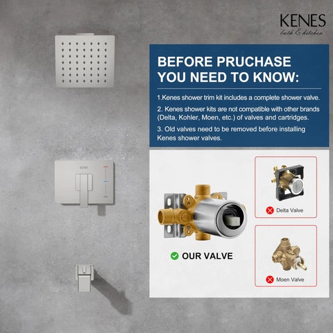 Top Shelf Brushed Nickel Shower Set With Tub Faucet And Swivel Head Bathroom Trim Kit showing valve assembly and controls.