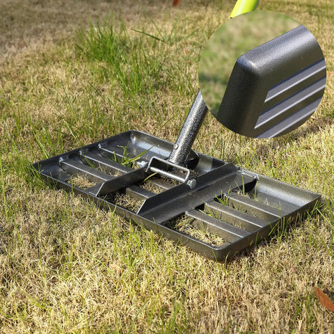 Heavy Duty Lawn Leveling Rake With Extra Long 60 Inch Steel Handle and 17 By 10 Inch Ground Plate on grass surface