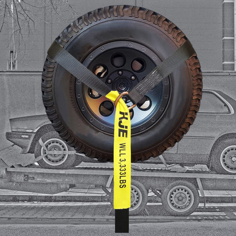 Four Pack Car Tie Down Straps For Trailers With Flat Hooks Two Inch By Ten Foot 10000 Lbs Break Strength securing tire on trailer